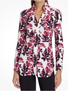 Foxcroft White Button-Down Shirt with Pink and Black Floral Print